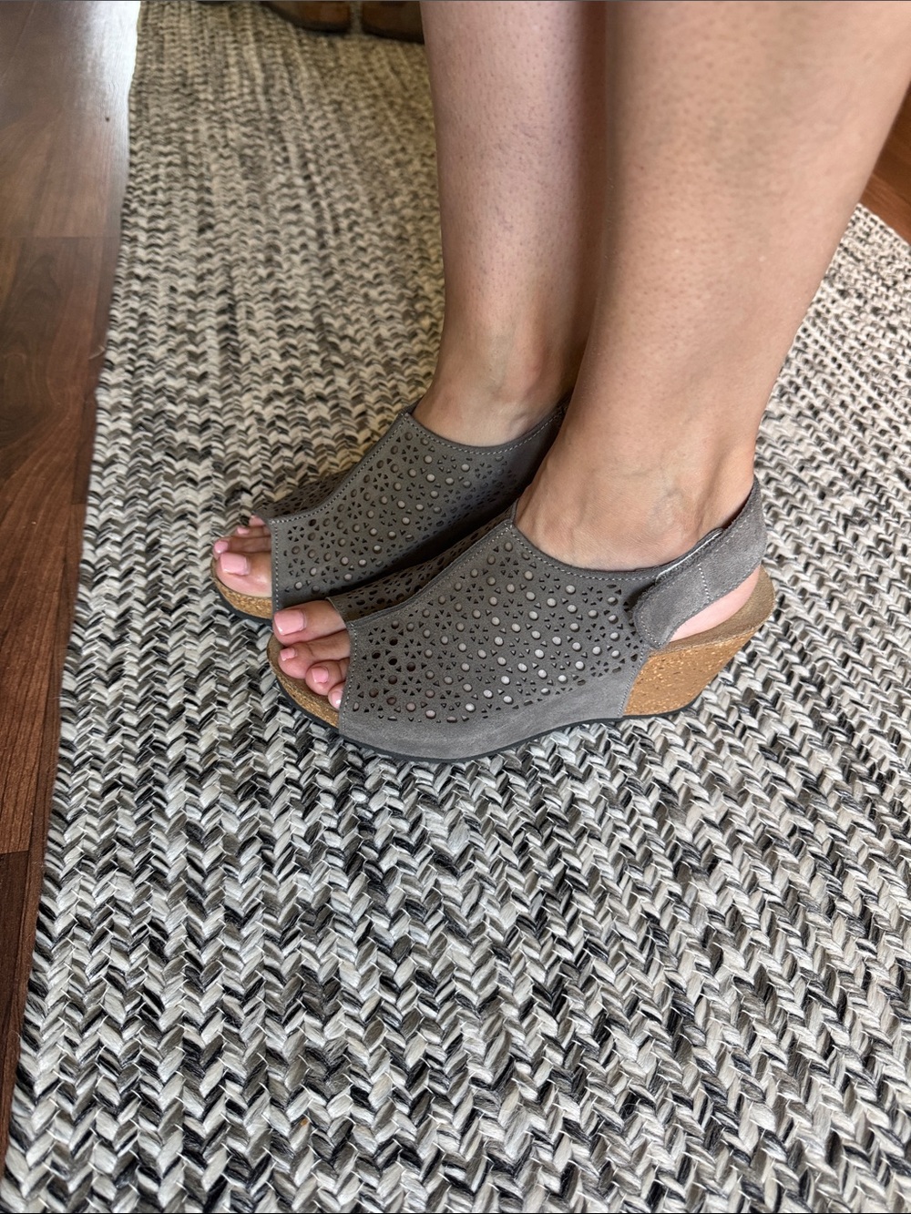 Women's Gray Suede Perforated Wedge Sandals